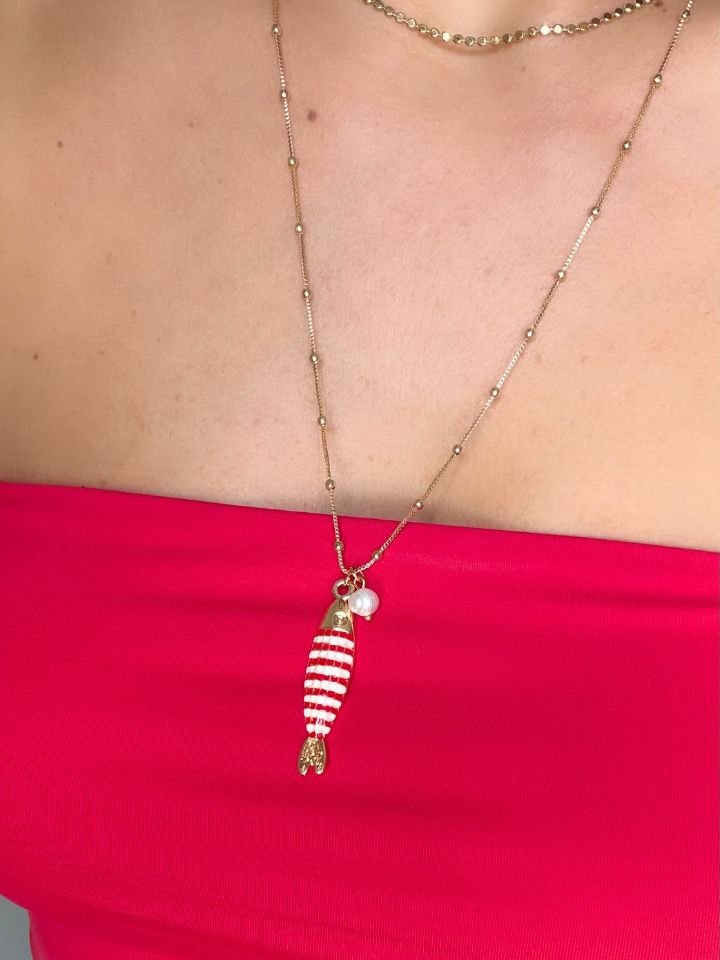 Colar Longo Peixe Listrado Ouro 18k